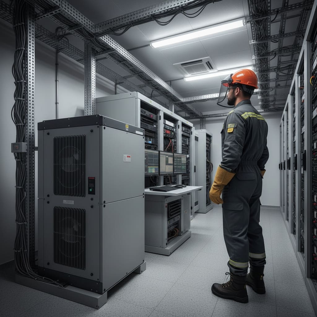 Techniker überwacht Solar-Inverter